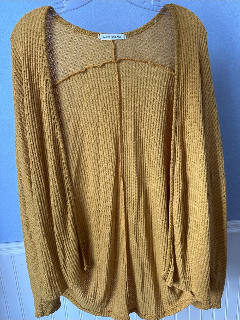 Caution To The Wind Mustard Yellow Waffle Knit Open Cardigan